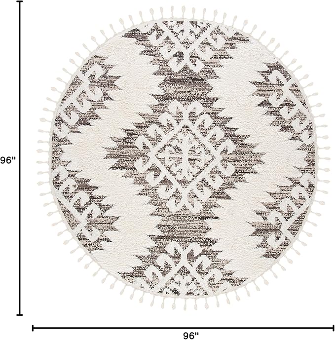 SAFAVIEH Moroccan Tassel Shag Collection Area Rug - 8' Round, Ivory & Brown, Boho Design, Non-Shedding & Easy Care, 2-inch Thick Ideal for High Traffic Areas in Living Room, Bedroom (MTS652A)