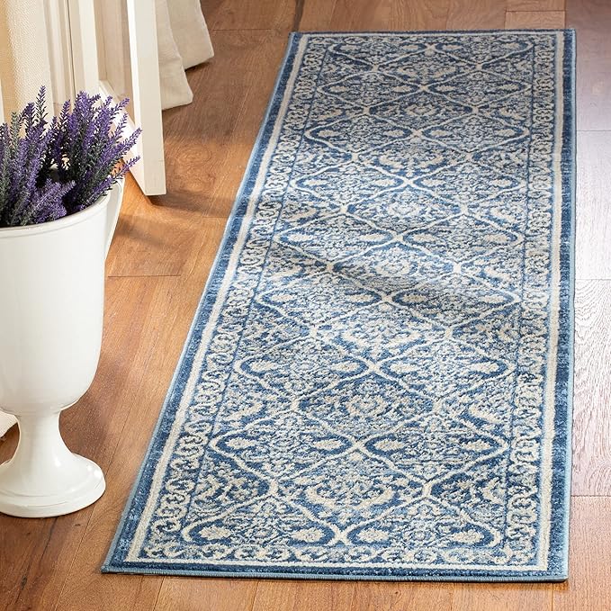 SAFAVIEH Brentwood Collection 2' x 12' Navy / Light Grey BNT870M Oriental Damask Trellis Non-Shedding Living Room Bedroom Runner Rug
