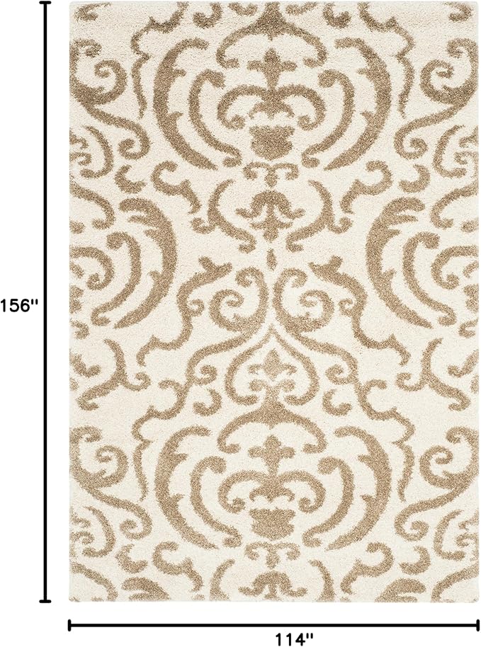 SAFAVIEH Florida Shag Collection Area Rug - 9'6" x 13', Cream & Beige, Damask Design, Non-Shedding & Easy Care, 1.2-inch Thick Ideal for High Traffic Areas in Living Room, Bedroom (SG462-1113)