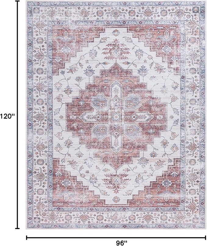 SAFAVIEH Washable Rug Tucson Collection - 8' x 10', Ivory & Rust, Slip Resistant & Easy to Clean, Ideal for Living Room, Bedroom, Dining Space (TSN109A)