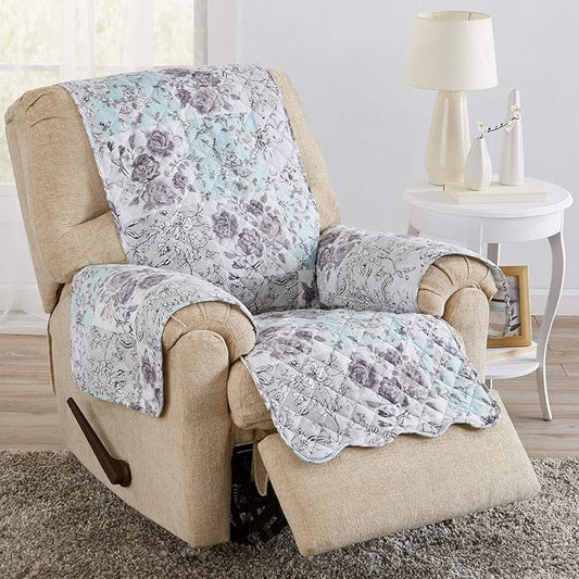 Great Bay Home Reversible Floral Patchwork Furniture Protector - Machine Washable, Scalloped Edge, Stain Resistant, Printed Furniture Cover for Dogs, Kids, and Pets (Recliner, Gray/Aqua)