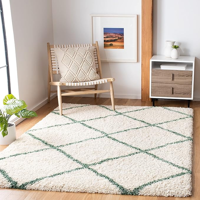 SAFAVIEH Hudson Shag Collection Area Rug - 7' Square, Ivory & Green, Modern Trellis Design, Non-Shedding & Easy Care, 2-inch Thick Ideal for High Traffic Areas in Living Room, Bedroom (SGH281X)