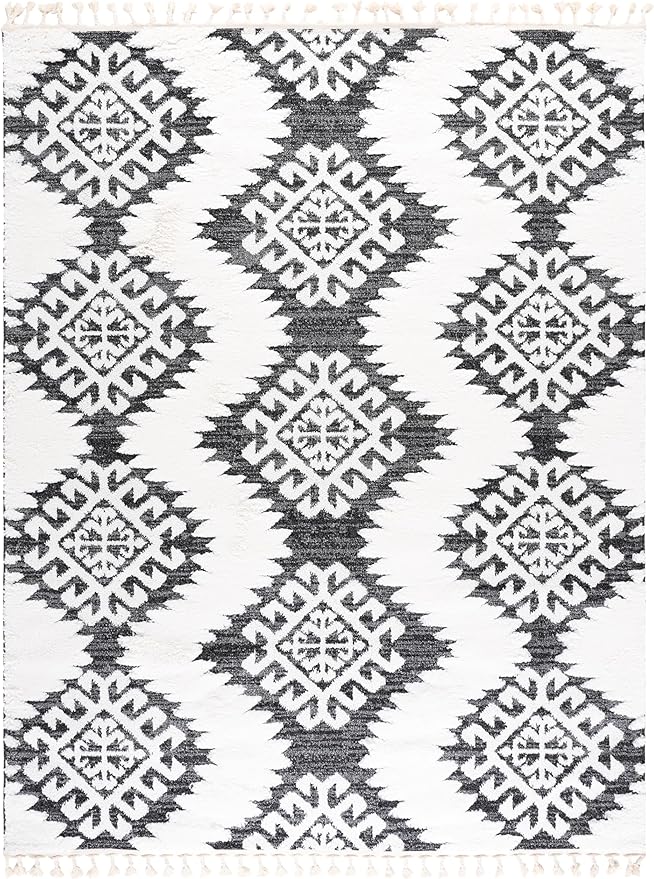 SAFAVIEH Moroccan Tassel Shag Collection Area Rug - 10' x 14', Dark Grey & Ivory, Rustic Trellis, Non-Shedding & Easy Care, 2-inch Thick Ideal for High Traffic Areas in Living Room, Bedroom (MTS652H)