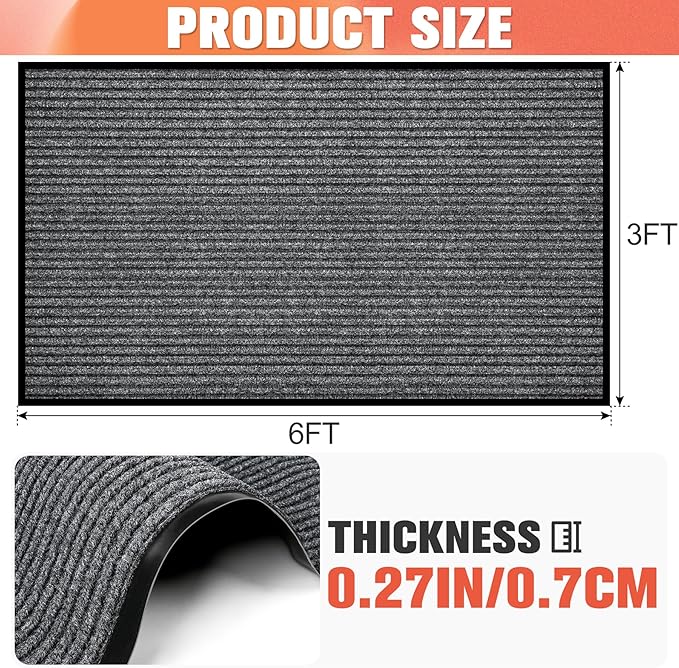 MYFAMIREA Commercial Floor Mat 3' x 6' Extra Large Front Door Industrial Rug Heavy Duty Brush Step Entrance Mat Weather Utility Rug with Non Slip Rubber Backing Low Profile for Entryway, Charcoal Grey