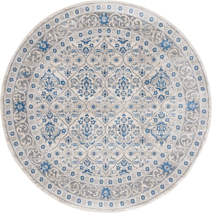 SAFAVIEH Brentwood Collection Area Rug - 6'7" Round, Ivory & Blue, Oriental Damask Trellis Design, Non-Shedding & Easy Care, Ideal for High Traffic Areas in Living Room, Bedroom (BNT870A)