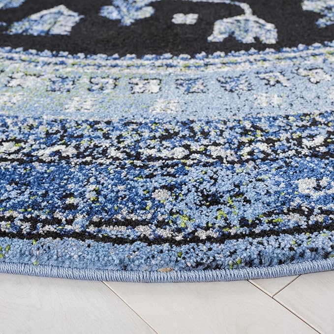 SAFAVIEH Vintage Hamadan Collection Area Rug - 6'7" Round, Light Blue & Black, Traditional Oriental Design, Non-Shedding & Easy Care, Ideal for High Traffic Areas in Living Room, Bedroom (VTH204J)