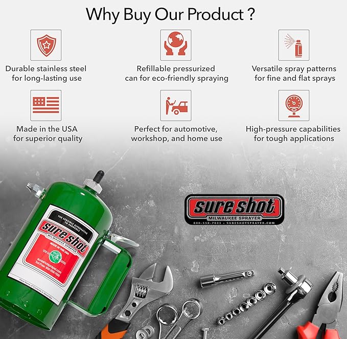 SURE SHOT A1000G 1-Quart Non Aerosol Sprayer - Refillable Pressurized Sprayer Can for Oil, Solvent, Degreasers, Lubricants - Rechargeable Steel Canister with Brass Nozzles - Made in The USA - 32oz.