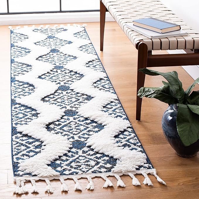 SAFAVIEH Moroccan Tassel Shag Collection Runner Rug - 2'3" x 8', Navy & Ivory, Rustic Trellis, Non-Shedding & Easy Care, 2-inch Thick Ideal for High Traffic Areas in Living Room, Bedroom (MTS652N)