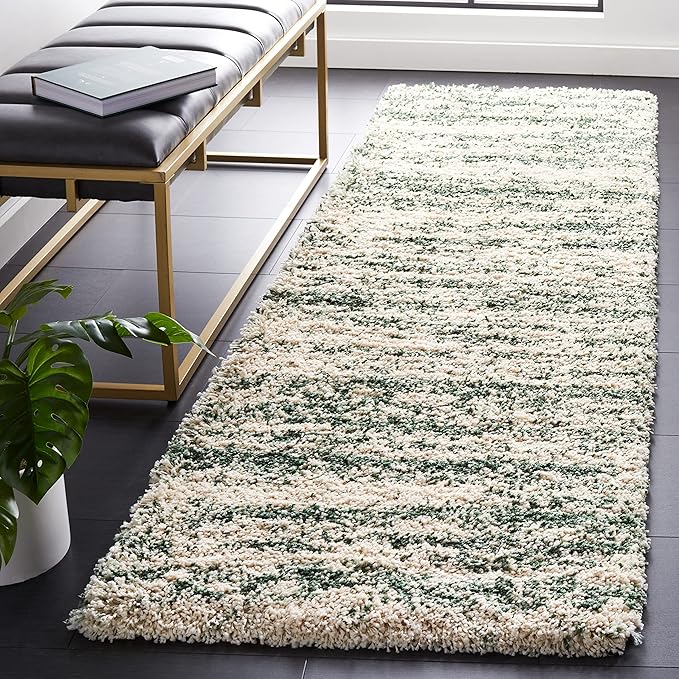 SAFAVIEH Hudson Shag Collection Runner Rug - 2'3" x 12', Ivory & Green, Modern Design, Non-Shedding & Easy Care, 2-inch Thick Ideal for High Traffic Areas in Living Room, Bedroom (SGH206Y)