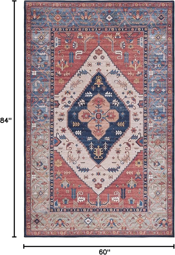 SAFAVIEH Washable Rug Tucson Collection - 5' x 7', Rust & Blue, Slip Resistant & Easy to Clean, Ideal for Living Room, Bedroom, Dining Space (TSN153P)