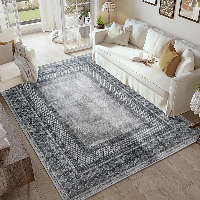 NICETOWN 8x10 Washable Area Rugs, Boho Non-Slip 8x10 Large Rugs Faux Wool Vintage Living Room Rugs, Thin Soft Vintage Carpet Door Mat Entrance for Kitchen, Laundry, Bathroom, Bedroom, Grey