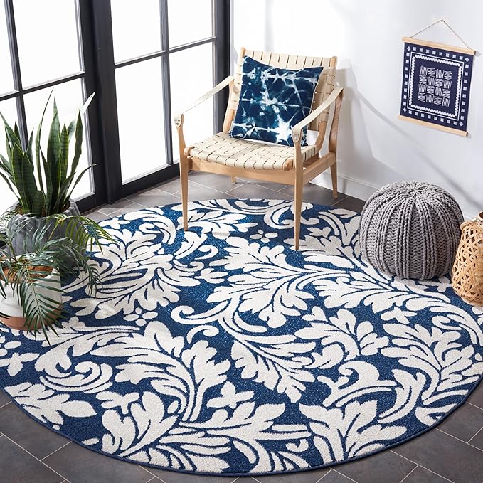 SAFAVIEH Amherst Collection 7' Round Navy/Ivory AMT425P Floral Non-Shedding Dining Room Entryway Foyer Living Room Bedroom Area Rug