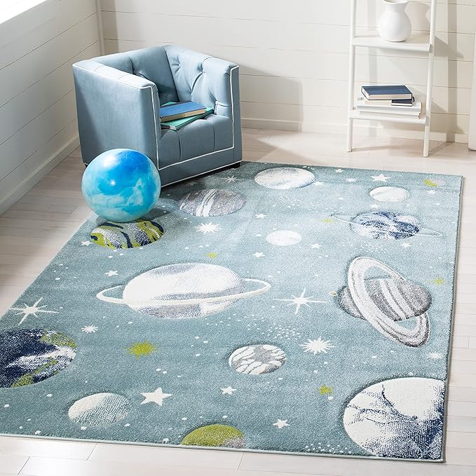 SAFAVIEH Carousel Kids Collection Accent Rug - 4' x 6', Teal & Ivory, Non-Shedding & Easy Care, Ideal for High Traffic Areas for Boys & Girls in Playroom, Nursery, Bedroom (CRK103J)