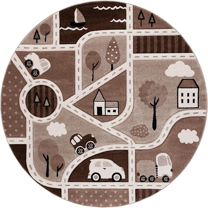 SAFAVIEH Carousel Kids Collection Area Rug - 6'7" Round, Brown & Beige, Non-Shedding & Easy Care, Ideal for High Traffic Areas for Boys & Girls in Playroom, Nursery, Bedroom (CRK193T)