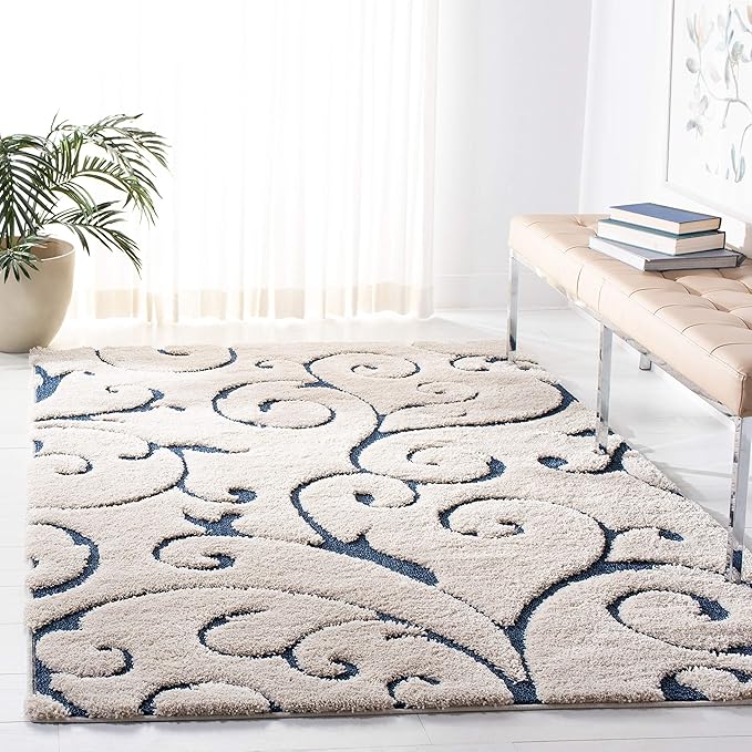 SAFAVIEH Florida Shag Collection Area Rug - 5'3" x 7'6", Cream & Blue, Scroll Design, Non-Shedding & Easy to Clean, High-Low Plush Pile, Ideal for Living Room, Bedroom, Dining Space (SG455-1165)