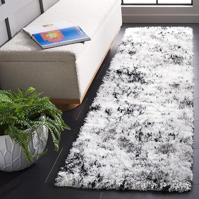 SAFAVIEH Lindsay Shag Collection Runner Rug - 2'2" x 8', Grey & Black Ivory, Modern Design, Plush 1.8-inch Thick, Ideal for High Traffic Areas in Living Room, Bedroom, Dining Room (LNS556G-28)