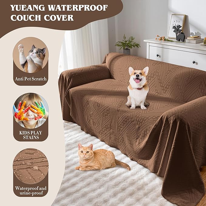 Waterproof Couch Cover, Reversible, Pet-Friendly, Washable and Anti-Slip Sofa Covers for Sofa Protection with 2 Cushions, Ideal Sofa Slipcovers for Dogs and Cats (71×102in/Brown)