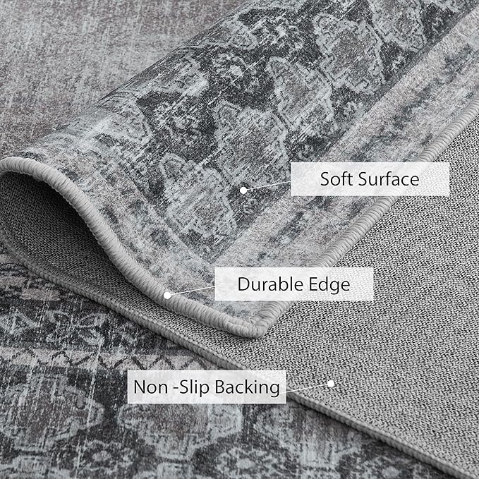 NICETOWN 2' x 6' Hallway Runner Rug, Machine Washable Thin Non-Slip 2x6 Grey Kitchen Runner Rug Soft Foldable Mysterious Tribal Bordered Indoor Mat for Bathroom Laundry Room，Grey