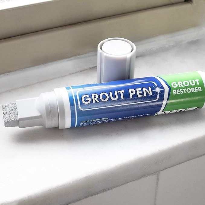 Grout Pen Tile Paint Marker: Light Grey Wide 15mm with 5 Pack Replacement Tips - Waterproof Grout Colorant and Sealer Pen to Renew, Repair, and Refresh Tile Grout - Cleaner Coating Stain Pens