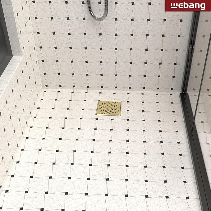 WEBANG 4 Inch Square Shower Drain Gold Floor Drain with Flange Wave-Hole Pattern Cover Grate Removable SUS304 Stainless Steel Watermark&CUPC Certified Brushed Gold