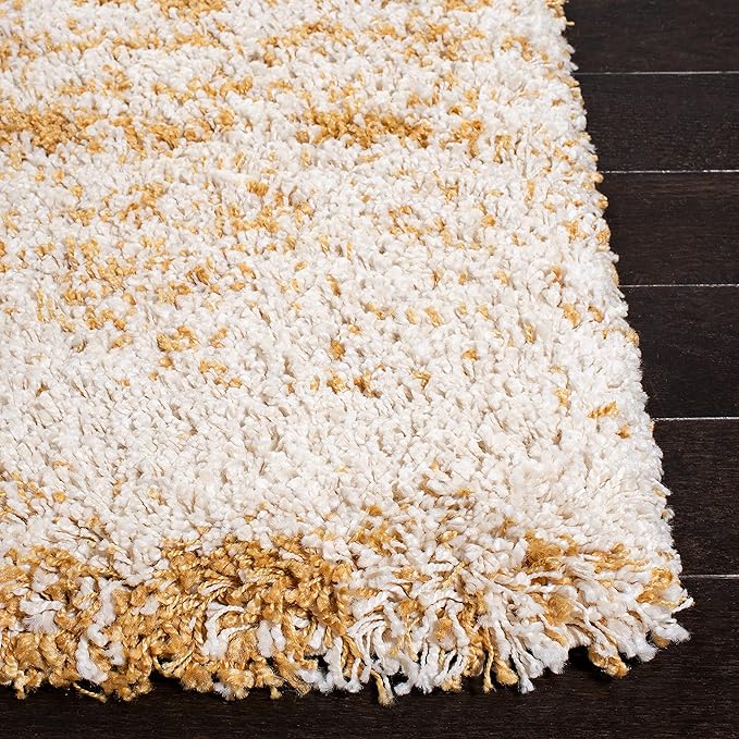 SAFAVIEH Hudson Shag Collection Area Rug - 4' Square, Ivory & Gold, Modern Design, Non-Shedding & Easy Care, 2-inch Thick Ideal for High Traffic Areas in Living Room, Bedroom (SGH206D)