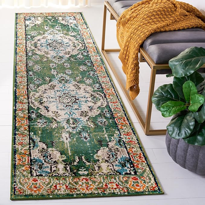 SAFAVIEH Monaco Collection Runner Rug - 2'2" x 16', Forest Green & Light Blue, Non-Shedding & Easy to Clean, Distressed Medallion Design, Ideal for Hallway, Foyer, Entryway, Kitchen, Bedroom (MNC243F)
