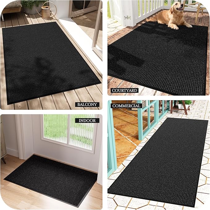 Front Door Mat 4' x 6', Low Profile Welcome Mat, Non-Slip Door Mat Outside Entrance, Resist Dirt Outdoor Mats, Heavy Duty Commercial Floor Mat for Entryway Indoor Outdoor, Black 1-Pack