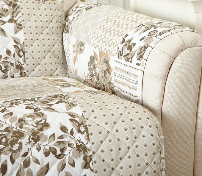 Great Bay Home Reversible Patchwork Loveseat Cover - Washable Slipcover Furniture Protector with Elastic Straps - Couch Cover for Dogs, Kids, and Pets - Box-Stitched Detail (Loveseat, Taupe)