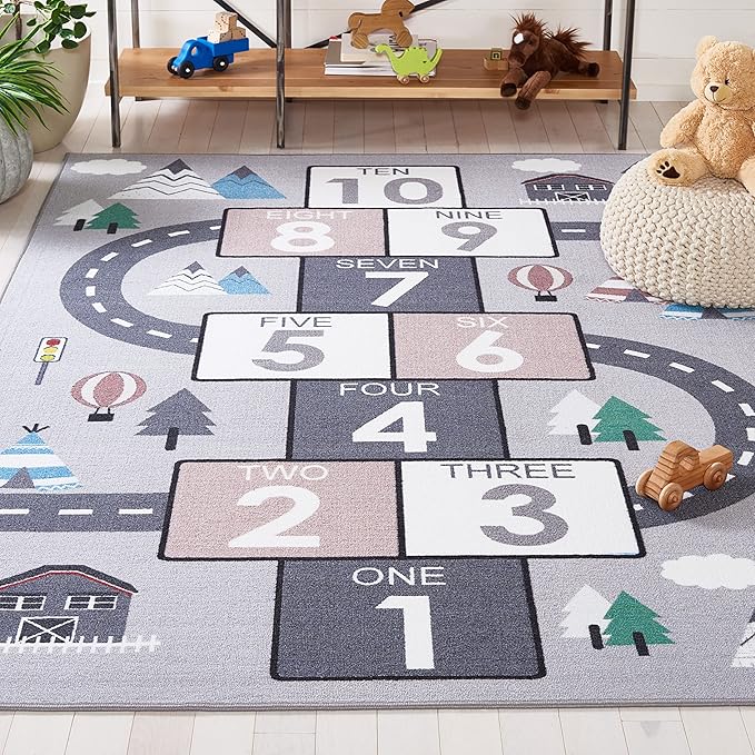 SAFAVIEH Washable Rug Kids Playhouse Collection - 5' Square, Grey & Pink, Slip Resistant & Easy to Clean, Ideal for Kids Room, Playroom, Nursery, Boys & Girls Room (KPH226A)