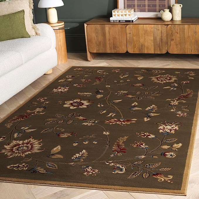 SAFAVIEH Lyndhurst Collection Area Rug - 5'3" x 7'6", Green & Multi, Traditional Floral Design, Non-Shedding & Easy Care, Ideal for High Traffic Areas in Living Room, Bedroom (LNH552-5291)