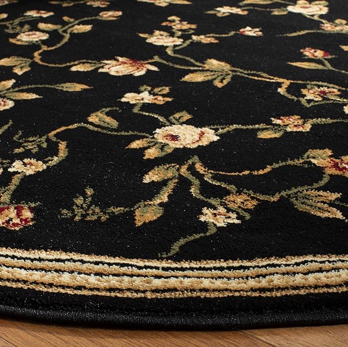 SAFAVIEH Lyndhurst Collection Area Rug - 5'3" Round, Black, Traditional Floral Design, Non-Shedding & Easy Care, Ideal for High Traffic Areas in Living Room, Bedroom (LNH220A)