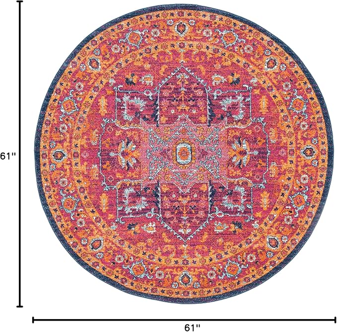 SAFAVIEH Evoke Collection Area Rug - 5'3" Round, Fuchsia & Orange, Oriental Medallion Distressed Design, Non-Shedding & Easy Care, Ideal for High Traffic Areas in Living Room, Bedroom (EVK275S)