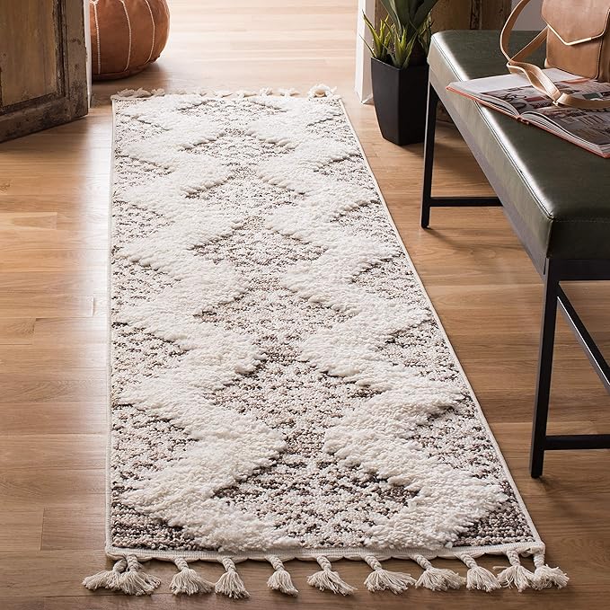 SAFAVIEH Moroccan Tassel Shag Collection Runner Rug - 2'3" x 10', Ivory & Brown, Boho Design, Non-Shedding & Easy Care, 2-inch Thick Ideal for High Traffic Areas in Living Room, Bedroom (MTS652A)