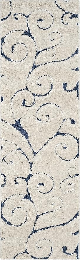 SAFAVIEH Florida Shag Collection Runner Rug - 2'3" x 17', Cream & Blue, Scroll Design, Non-Shedding & Easy to Clean, High-Low Plush Pile, Ideal for Bedroom, Foyer, Hallway (SG455-1165)