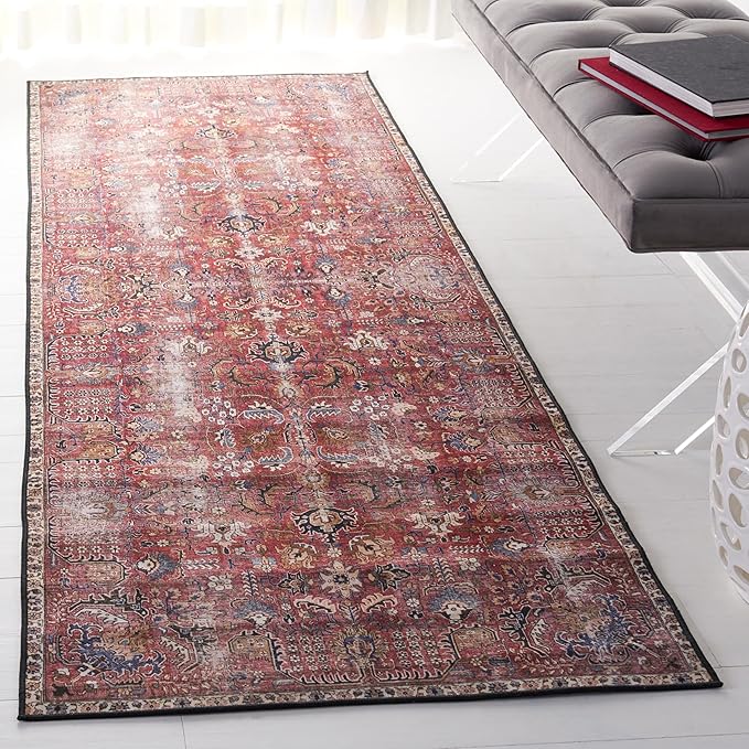 SAFAVIEH Washable Rug Tucson Collection - 2'6" x 12' Runner, Red & Beige, Slip Resistant & Easy to Clean, Ideal for Living Room, Bedroom, Dining Space (TSN174Q)