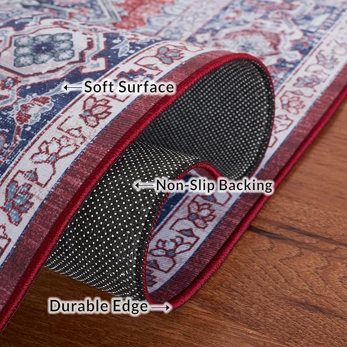 SAFAVIEH Washable Rug Tucson Collection - 9' x 12', Red & Navy, Slip Resistant & Easy to Clean, Ideal for Living Room, Bedroom, Dining Space (TSN101S)