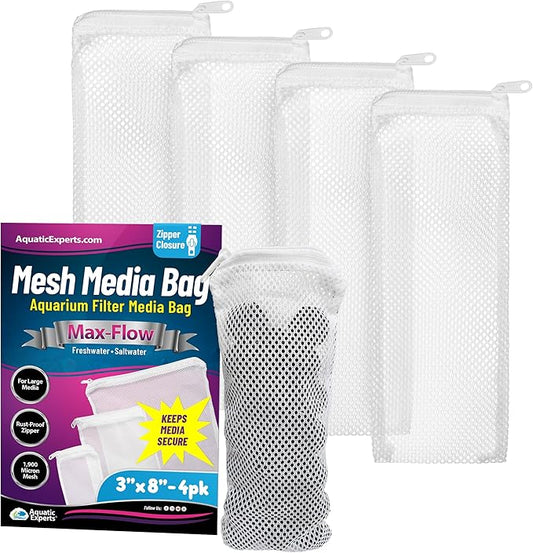 Aquatic Experts Max Flow Filter Media Bags - Durable, Secure with Plastic Zipper, for Aquarium and Pond, Zipper, 3" x 8" - 4 Pack