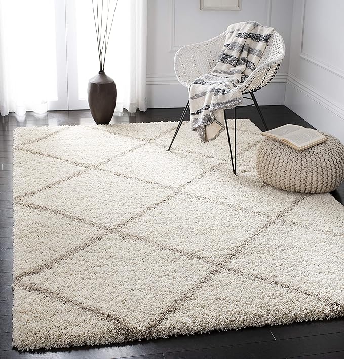 SAFAVIEH Hudson Shag Collection Accent Rug - 3' x 5', Ivory & Beige, Modern Trellis Design, Non-Shedding & Easy Care, 2-inch Thick Ideal for High Traffic Areas in Foyer, Living Room, Bedroom (SGH281D)
