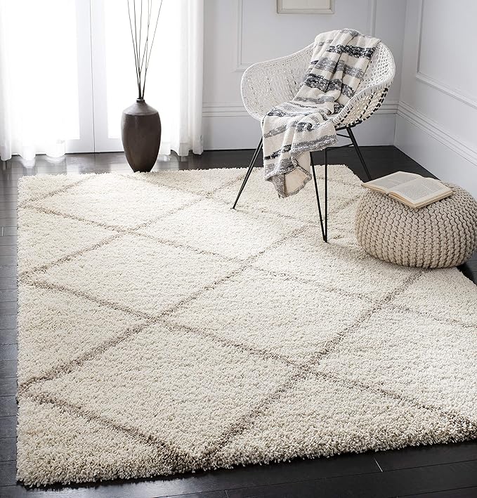 SAFAVIEH Hudson Shag Collection Area Rug - 11' Square, Ivory & Beige, Modern Trellis Design, Non-Shedding & Easy Care, 2-inch Thick Ideal for High Traffic Areas in Living Room, Bedroom (SGH281D)