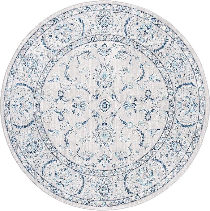 SAFAVIEH Brentwood Collection Area Rug - 4' Round, Light Grey & Blue, Oriental Design, Non-Shedding & Easy Care, Ideal for High Traffic Areas in Living Room, Bedroom, Dining (BNT854G-4SQ)
