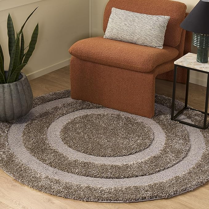 SAFAVIEH Florida Shag Collection Area Rug - 4' Round, Beige & Beige, Border Design, Non-Shedding & Easy Care, 1.2-inch Thick Ideal for High Traffic Areas in Living Room, Bedroom (SG454-1313)
