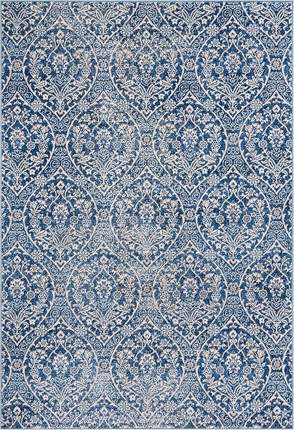 SAFAVIEH Brentwood Collection Accent Rug - 4' x 6', Navy & Light Grey, Floral Damask Trellis Design, Non-Shedding & Easy Care, Ideal for High Traffic Areas in Entryway, Living Room, Bedroom (BNT860M)