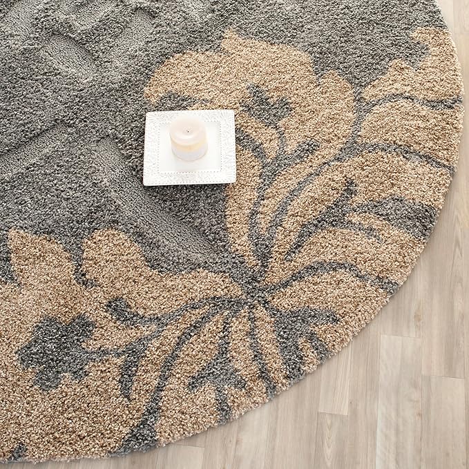 SAFAVIEH Florida Shag Collection 6'7" Round Grey/Beige SG458 Floral Non-Shedding Living Room Bedroom Dining Room Entryway Plush 1.2-inch Thick Area Rug