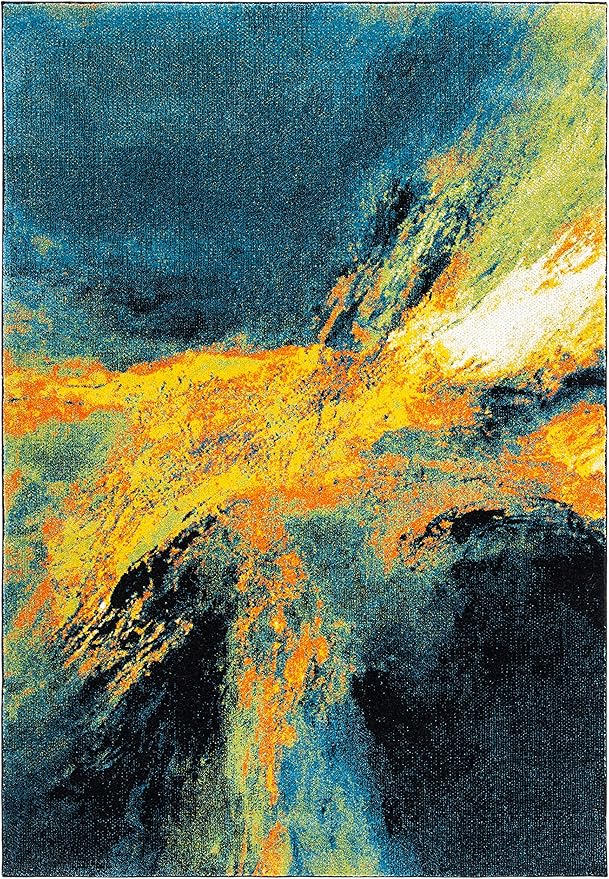 SAFAVIEH Galaxy Collection Area Rug - 6'7" x 9', Blue & Yellow, Modern Abstract Design, Non-Shedding & Easy Care, Ideal for High Traffic Areas in Living Room, Bedroom (GAL117L)