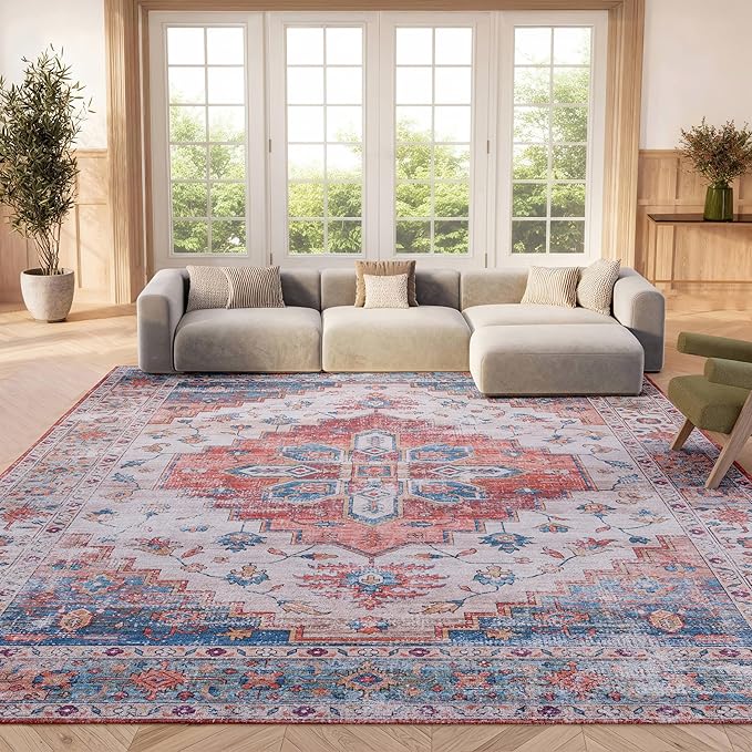 SAFAVIEH Washable Rug Tucson Collection - 8' x 10', Beige & Blue, Slip Resistant & Easy to Clean, Ideal for Living Room, Bedroom, Dining Space (TSN109B)