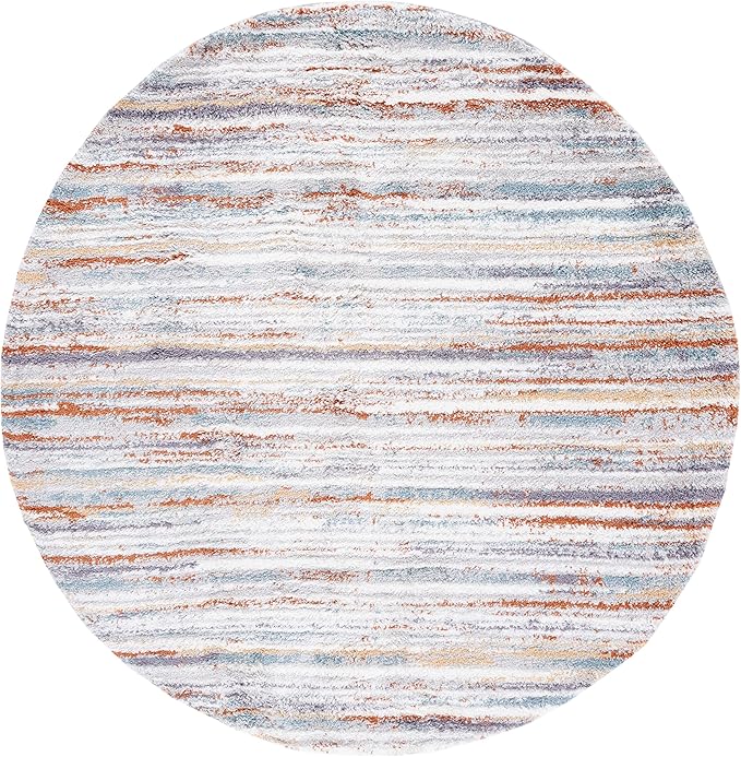 SAFAVIEH Berber Shag Collection Area Rug - 7' Round, Blue Rust & Ivory, Stripe Design, Non-Shedding & Easy Care, 1.25-inch Thick Ideal for High Traffic Areas in Living Room, Bedroom (BER565A)