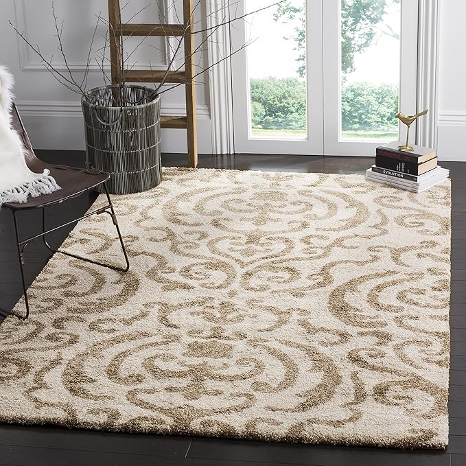 SAFAVIEH Florida Shag Collection Area Rug - 4' Square, Cream & Beige, Damask Design, Non-Shedding & Easy Care, 1.2-inch Thick Ideal for High Traffic Areas in Living Room, Bedroom (SG462-1113)