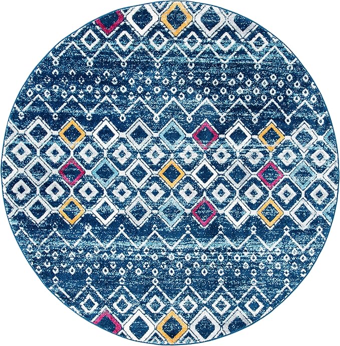 SAFAVIEH Amsterdam Collection Area Rug - 8' Round, Navy & Turquoise, Moroccan Boho Design, Non-Shedding & Easy Care, Ideal for High Traffic Areas in Living Room, Bedroom, Dining (AMS108M-8R)