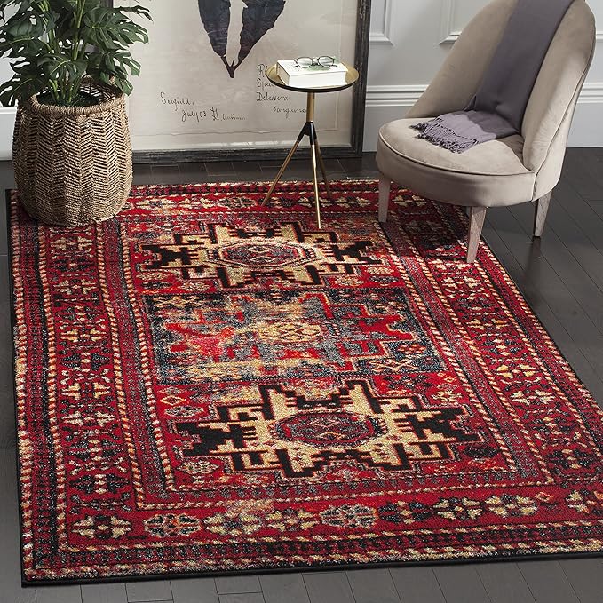 SAFAVIEH Vintage Hamadan Collection Area Rug - 6'7" x 9', Red & Multi, Oriental Traditional Persian Design, Non-Shedding & Easy Care, Ideal for High Traffic Areas in Living Room, Bedroom (VTH213A)