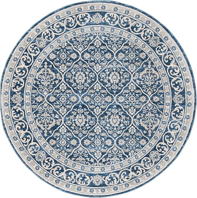 SAFAVIEH Brentwood Collection 6'7" Round Navy / Light Grey BNT870M Oriental Damask Trellis Non-Shedding Dining Room Entryway Foyer Living Room Bedroom Area Rug
